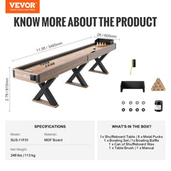 11.5 ft wooden shuffleboard and bowling 2-in-1 table with X-frame legs and accessories.