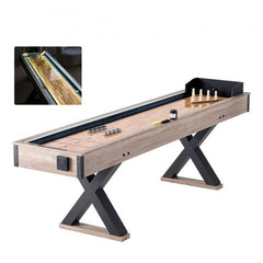 9 ft shuffleboard table with LED rails, reversible bowling top, and X-shaped steel legs