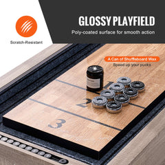 Bostome 9 ft shuffleboard table with LED lights, bowling combo, and glossy poly-coated surface.