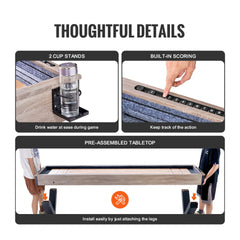 Diagram of 9 ft LED shuffleboard table features: cup holders, built-in scoring, and pre-assembled tabletop with easy leg attachment.