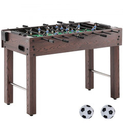 A 48-inch wooden foosball table with green field, players on rods, cup holders, and two soccer balls.