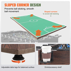 48-inch foosball table with sloped corners, adjustable legs, and cup holders.
