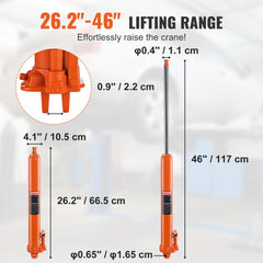 Bostome 3-ton hydraulic long ram jack with clevis base, adjustable height, and rubber grip handle.