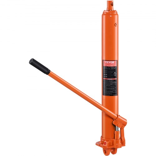 Orange 8-ton hydraulic long ram jack with clevis base and single pump handle.