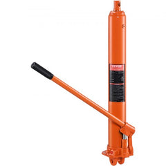 Orange 8-ton hydraulic long ram jack with clevis base and single pump handle.