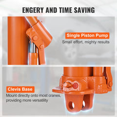 An orange hydraulic long ram jack with a single piston pump and clevis base.