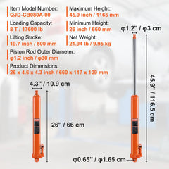 Orange 8-ton hydraulic long ram jack with clevis base, extended to 45.9 inches and collapsed to 26 inches.