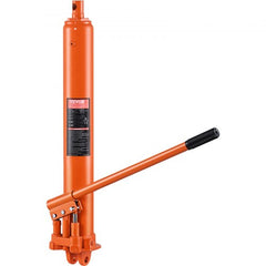 Orange 8-ton hydraulic long ram jack with clevis base and dual pump handle.