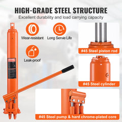 Orange 8-ton hydraulic long ram jack with clevis base, dual pump, and #45 steel components.