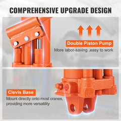 Orange 8-ton hydraulic long ram jack with clevis base and double piston pump.
