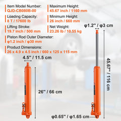 Orange 8-ton hydraulic long ram jack with clevis base, dual pump, and 26-45.7 inch height.