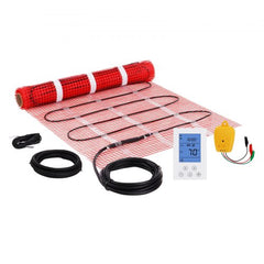 Electric radiant floor heating mat with thermostat, measuring 1.6 x 6.5 feet.