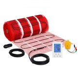 A Bostome 100 sq ft electric floor heating mat with a thermostat and accessories.