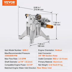 Bostome pressure washer pump with 7/8-inch vertical shaft, 3300 PSI, and 3.0 GPM, shown with dimensions.