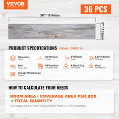 Peel and stick vinyl floor tile with a vintage wood grain design, measuring 36x6 inches.