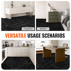 Black marble peel and stick vinyl floor tiles in a 12x12 inch size, 50 pack.
