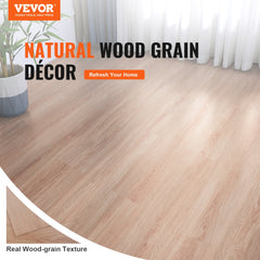 Bostome peel and stick vinyl floor tiles feature a wood grain design, measuring 36x6 inches.