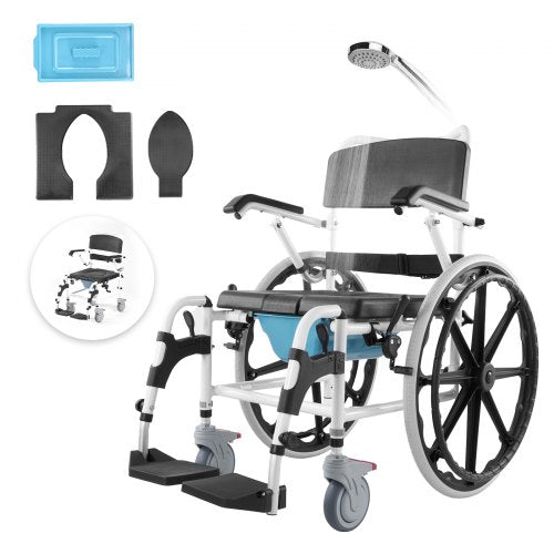 Bostome 17.5in aluminum alloy shower commode wheelchair with open seat, handbrake wheels, and shower head.
