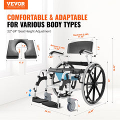 Bostome 17.5in aluminum alloy shower commode wheelchair with adjustable 22-24in seat height, open-front seat, and dimensions shown.