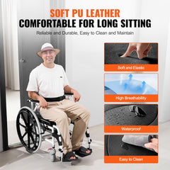 Man sitting in a 17.5-inch aluminum alloy shower commode wheelchair with soft PU leather cushion.