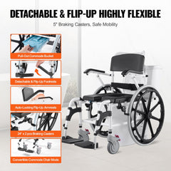 White aluminum alloy shower commode wheelchair with detachable footrests, flip-up arms, pull-out bucket, and 5-inch locking casters.