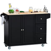 Mobile Kitchen Island with Drop Leaf, Storage Trolley Cart on Wheels, Towel/Spice Rack, 3 Drawers, 2-Door Cabinet, Black