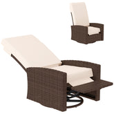 Outdoor Wicker Swivel Recliner Chair, Lifting Footrest, 360° Rotating Basic, Water-resistant Cushions, Cream White