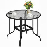 38" Round Patio Table with Umbrella Hole, Tempered Glass Outdoor Dining Table, Black