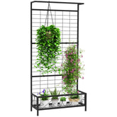 Metal Tall Plant Stand with Trellis and Hanging Bar, Plant Holder for Indoor Outdoor Use, 35" x 12.8" x 74", Black