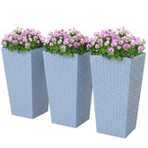 Tall Planters for Outdoor Plants Set of 3, 24 In Taper Planters with Drainage Holes, Rattan Decor Plant Pots, Light Gray
