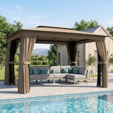 10' x 12' Outdoor Patio Gazebo, Soft Top Gazebo Canopy Shelter with Curtains, Netting, Steel Frame, Hooks, Khaki