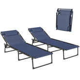 2 Folding Chaise Lounge Pool Chairs with 4-Position Reclining Back, Pillow, Breathable Mesh & Bungee Seat, Dark Blue