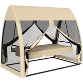 3 Seat Outdoor Swing Chair Convertible Covered Day Bed with Canopy, Mesh Netting, Steel Stand for Garden, Patio, Coffee