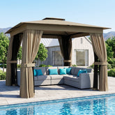 10' x 10' Outdoor Patio Gazebo, Soft Top Gazebo Canopy Shelter with Curtains, Netting, Steel Frame, Hook, Khaki