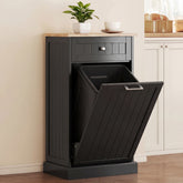 10 Gallon Tilt Out Trash Cabinet, Wooden Hidden Trash Can with Storage Drawer for Kitchen, Laundry Hamper Cabinet for Bathroom, Black
