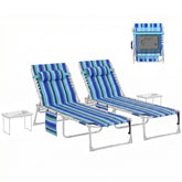 Tanning Chair Set of 2 with Face Hole and Side Table, 5-Position Folding Outdoor Chaise Lounge Chair, Blue Stripe