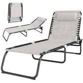 Folding Chaise Lounge Pool Chair with 4-Position Reclining Back, Pillow, Breathable Mesh & Bungee Seat, Cream White