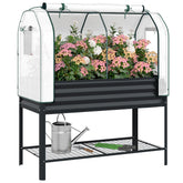 Galvanised Raised Garden Bed with Greenhouse Cover, Metal Elevated Garden Bed with Bed Liner, Bottom Shelf, Black