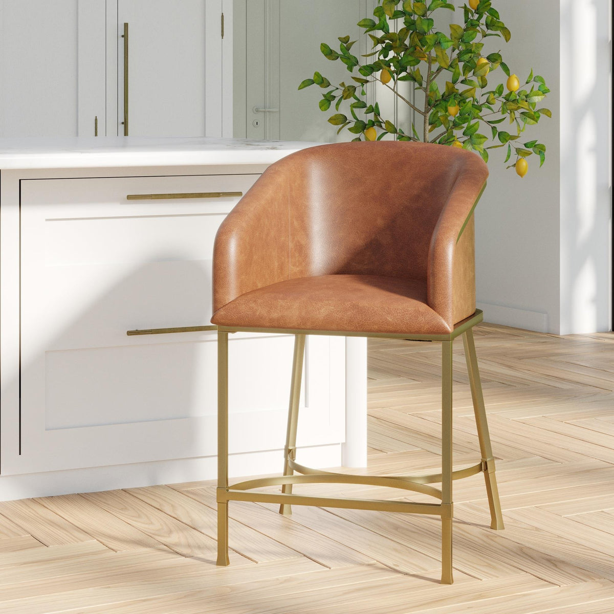 26" Modern Counter Stool,  Tobacco Brown Faux Leather & Gold Steel Frame, 1PC