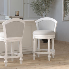 26" Wood Barrel-Back Counter-Height Bar Stool with Swivel and Upholstered Seat and Back, Farmhouse White with Light Gray Seat and Back, 1PC