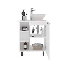 Cosmos Vessel Sink Vanity With One Door Storage And Open Shelves, Freestanding Bathroom Cabinet, White