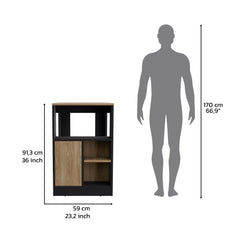 Kitchen Island 36" H, Three Open Side Storage Shelves and One Push-to-Open Cabinet,  Black / Natural Oak