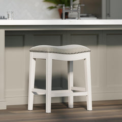 Sanctuary Counter-Height Backless Wood Saddle-Seat Barstool with Nailhead Trim, Farmhouse Whitewash with Gray Upholstered Seat, 1PC
