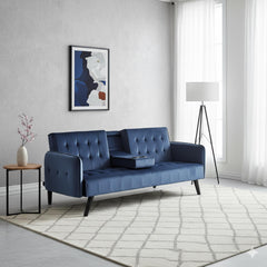 72" Velvet Convertible Sofa Bed with Cup Holders, Tufted Folding Futon Sleeper Couch, Mid-Century Modern 3 Seater for Small Spaces, 72" L x 34.6" D x 31" H, Dark Blue