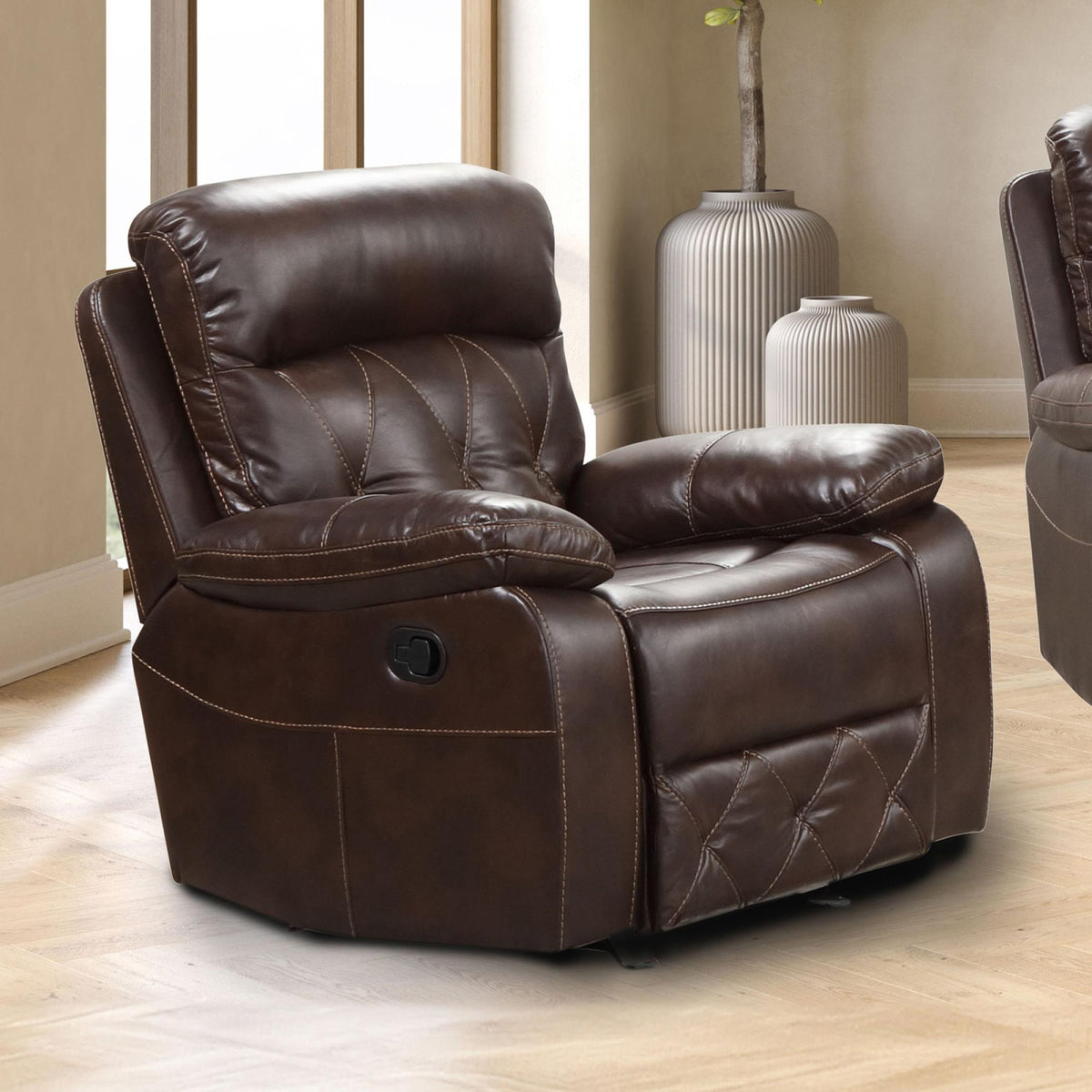 Transitional Style Diamond Stitching Manual Chair Pillow Top Arms Brown Finish Primary Living Room