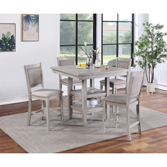 Dining Room Furniture Counter Height 5pc Set Square Table w Shelves Cushion Chairs Modern Style Rustic Grey