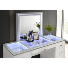 Contemporary Style 1pc Vanity Tempered Glass Top Ball Bearing Glides High Gloss Finish Stainless Steel Beveled Mirror White Finish Bedroom Furniture