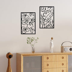 Melody 3 Piece Set Wall Decor, Floral Hollow Out Abstract Design, Black Rectangular Metal Frame