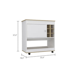 Helen Bar Cart, Lower Panel, Six Bottle Cubbies, One Cabinet -Light Oak / White