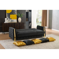 Haven Upholstered Sofa in Black Fabric with Gold Stainless Steel Legs, Foam Cushioning and Sturdy Wood Frame